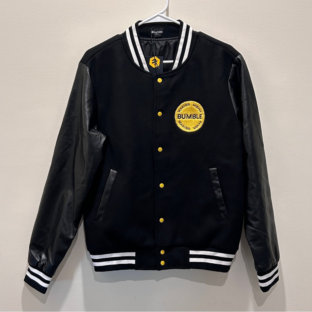 NEW Bumble Social Dating App Black Quilted Bomber Varsity Jacket Snap Small NWT!